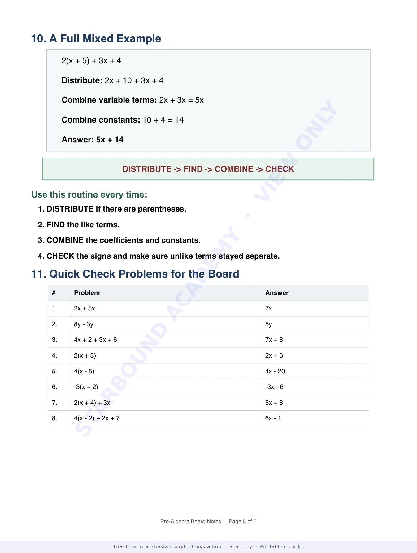Pre-Algebra Board Notes: Like Terms and the Distributive Property, page 5 of 6