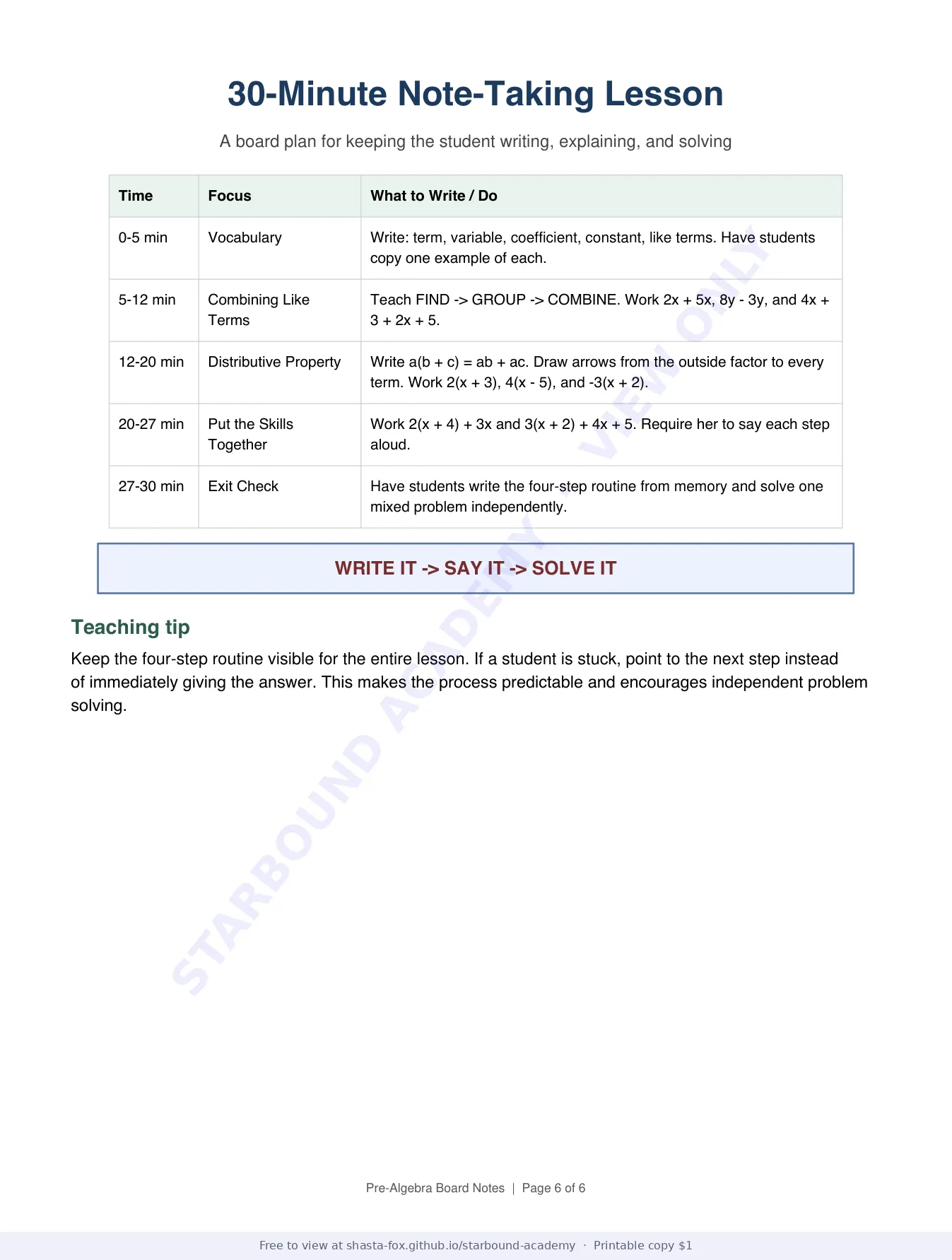 Pre-Algebra Board Notes: Like Terms and the Distributive Property, page 6 of 6