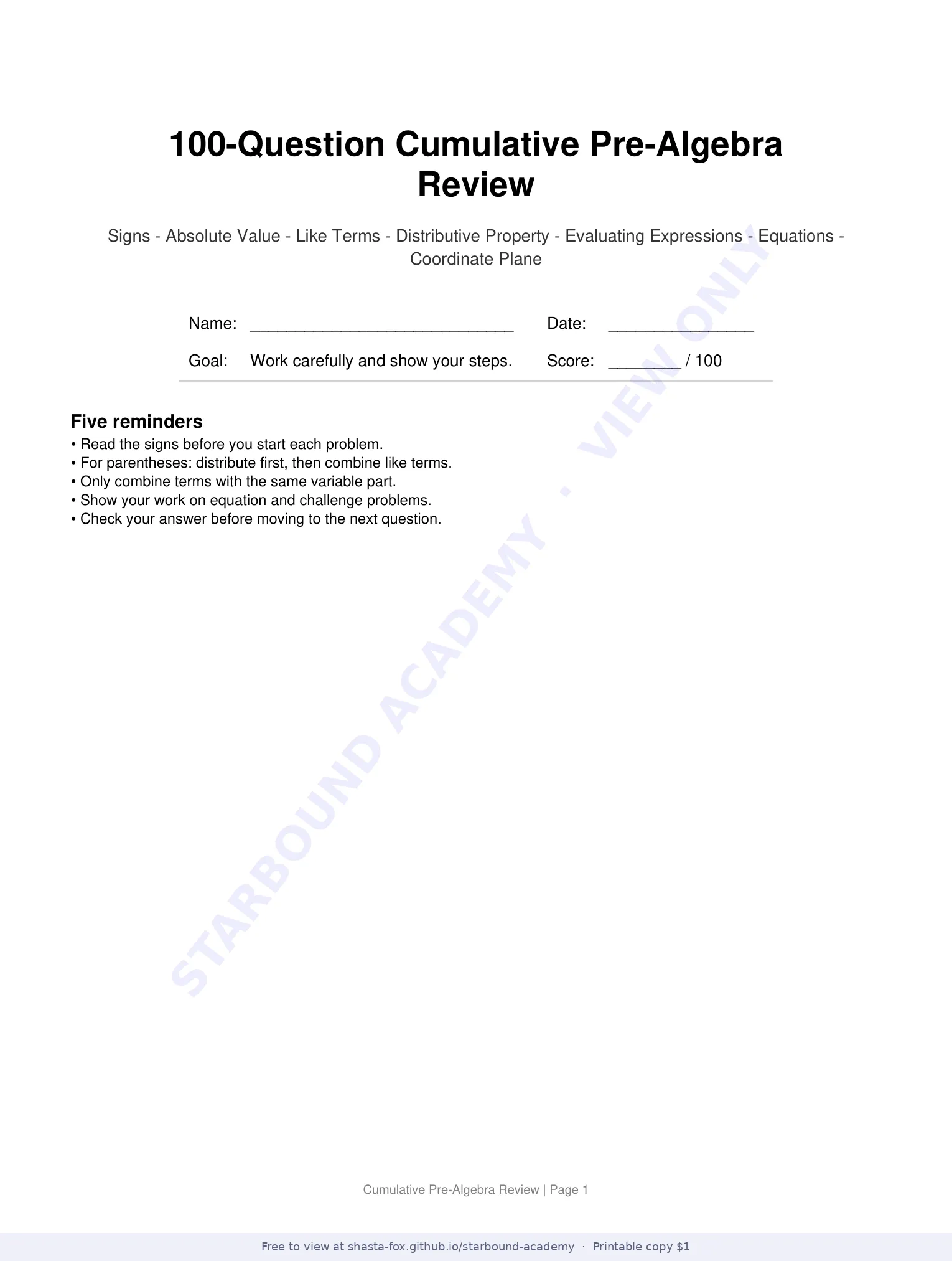 Cumulative Pre-Algebra Review, page 1 of 11