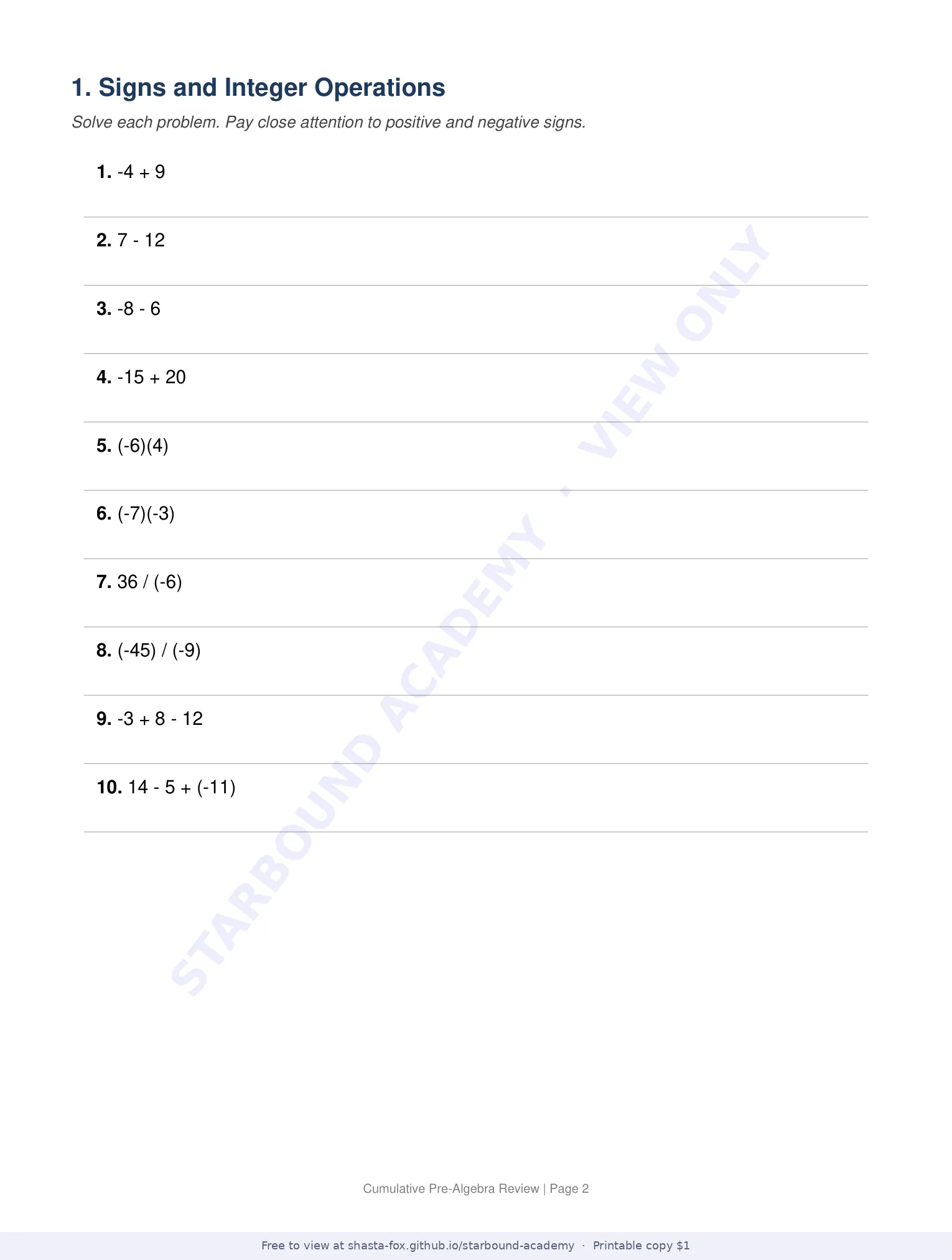 Cumulative Pre-Algebra Review, page 2 of 11