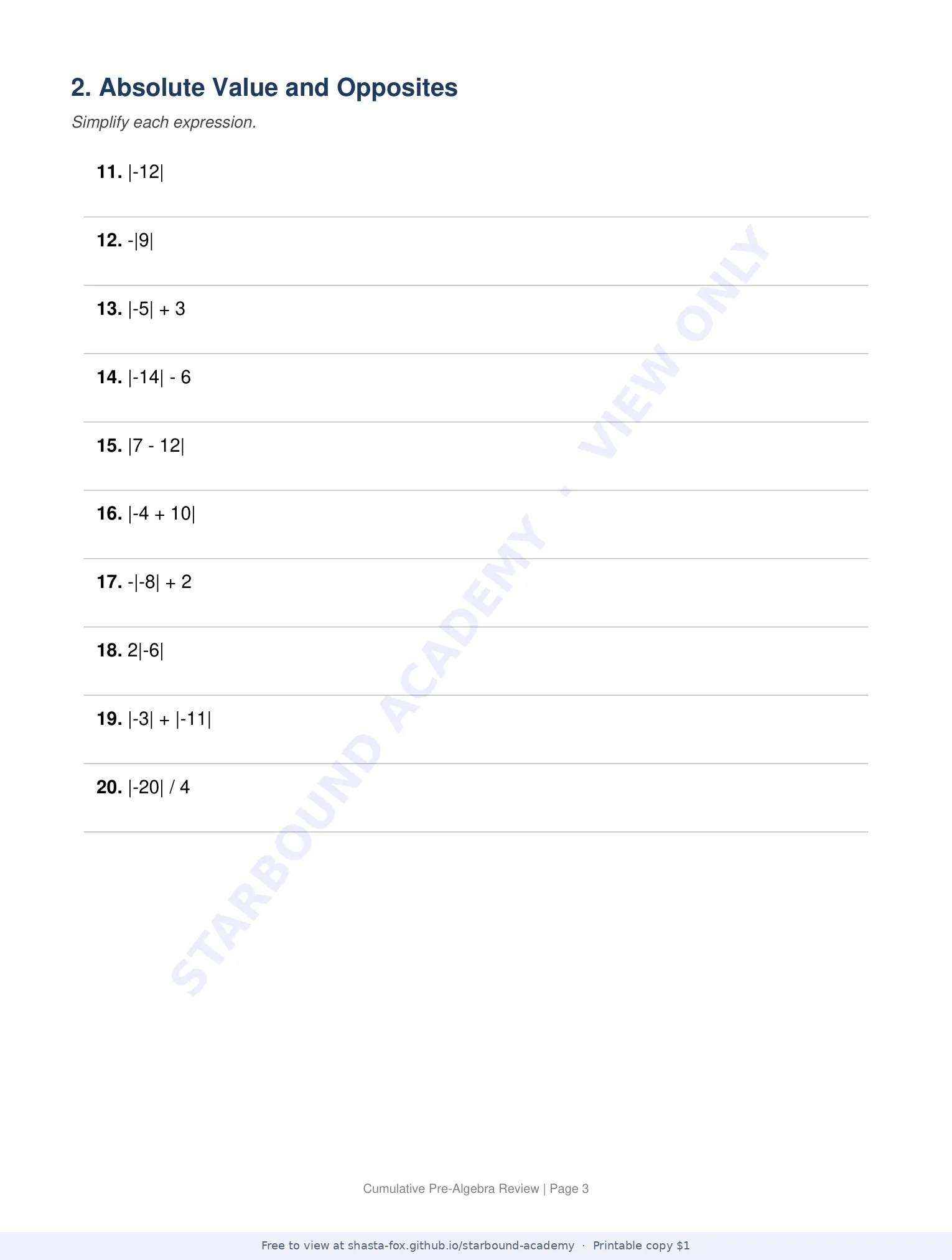 Cumulative Pre-Algebra Review, page 3 of 11