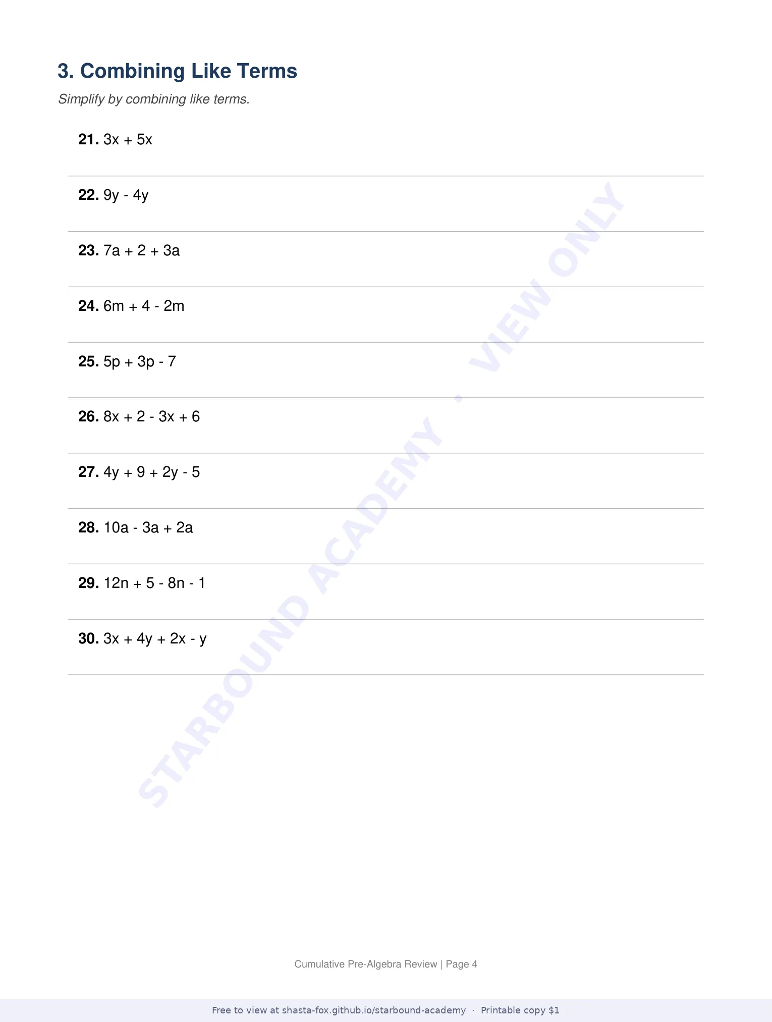 Cumulative Pre-Algebra Review, page 4 of 11