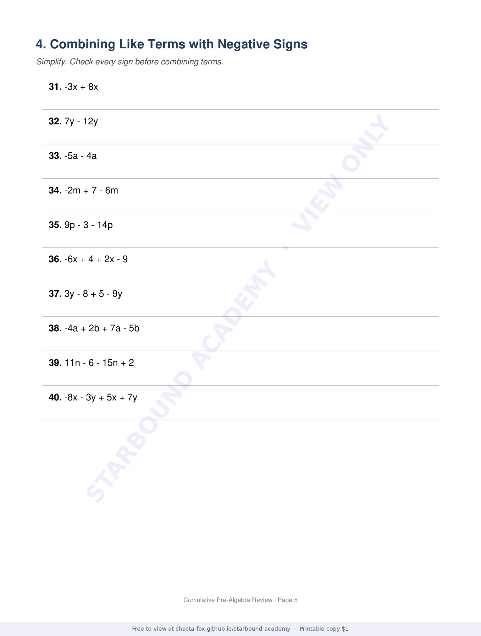 Cumulative Pre-Algebra Review, page 5 of 11