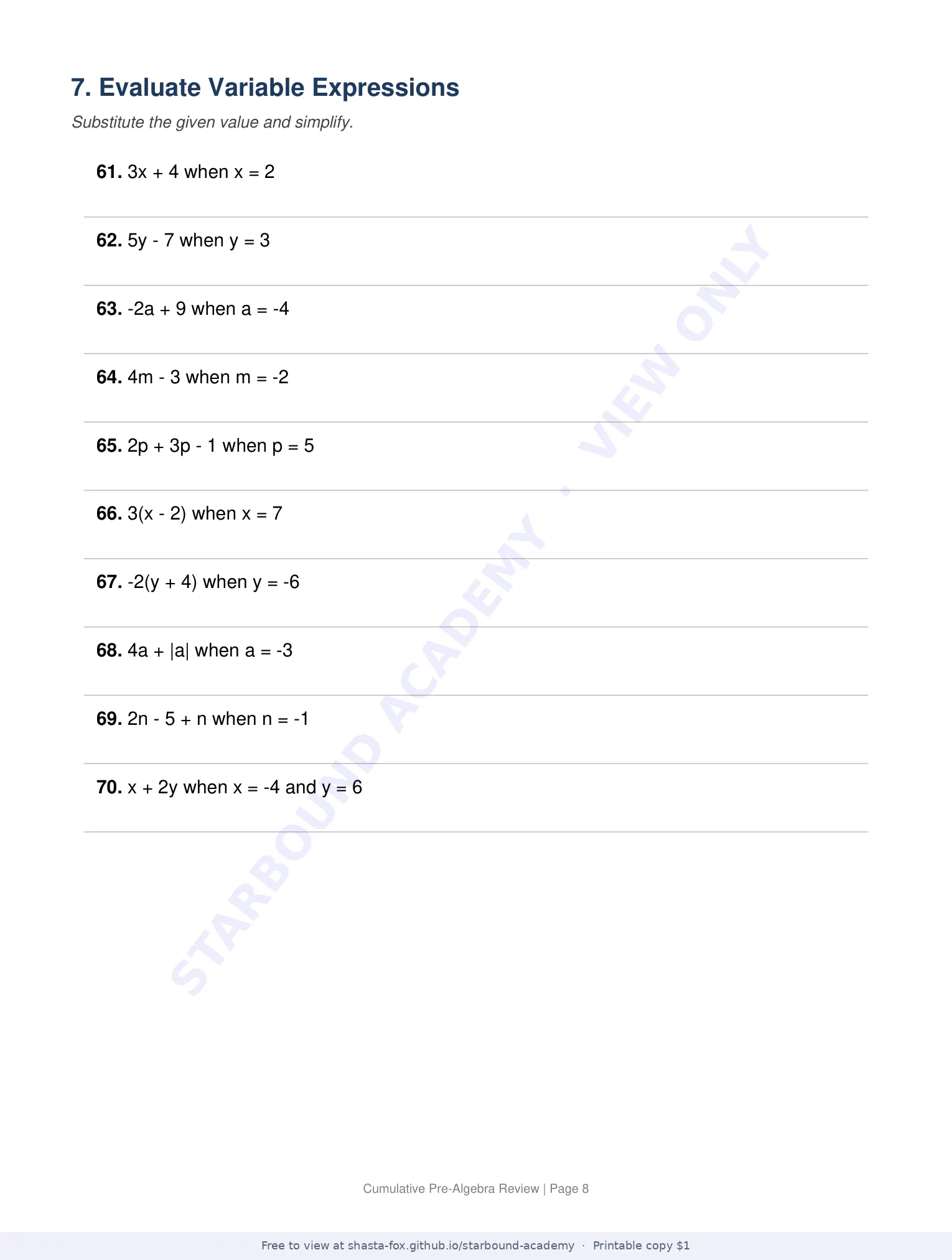 Cumulative Pre-Algebra Review, page 8 of 11