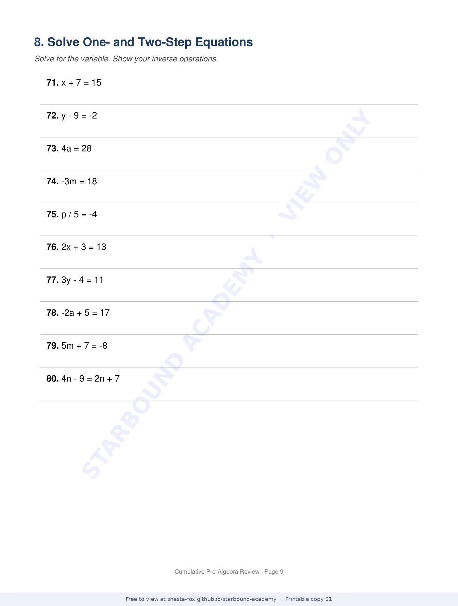 Cumulative Pre-Algebra Review, page 9 of 11