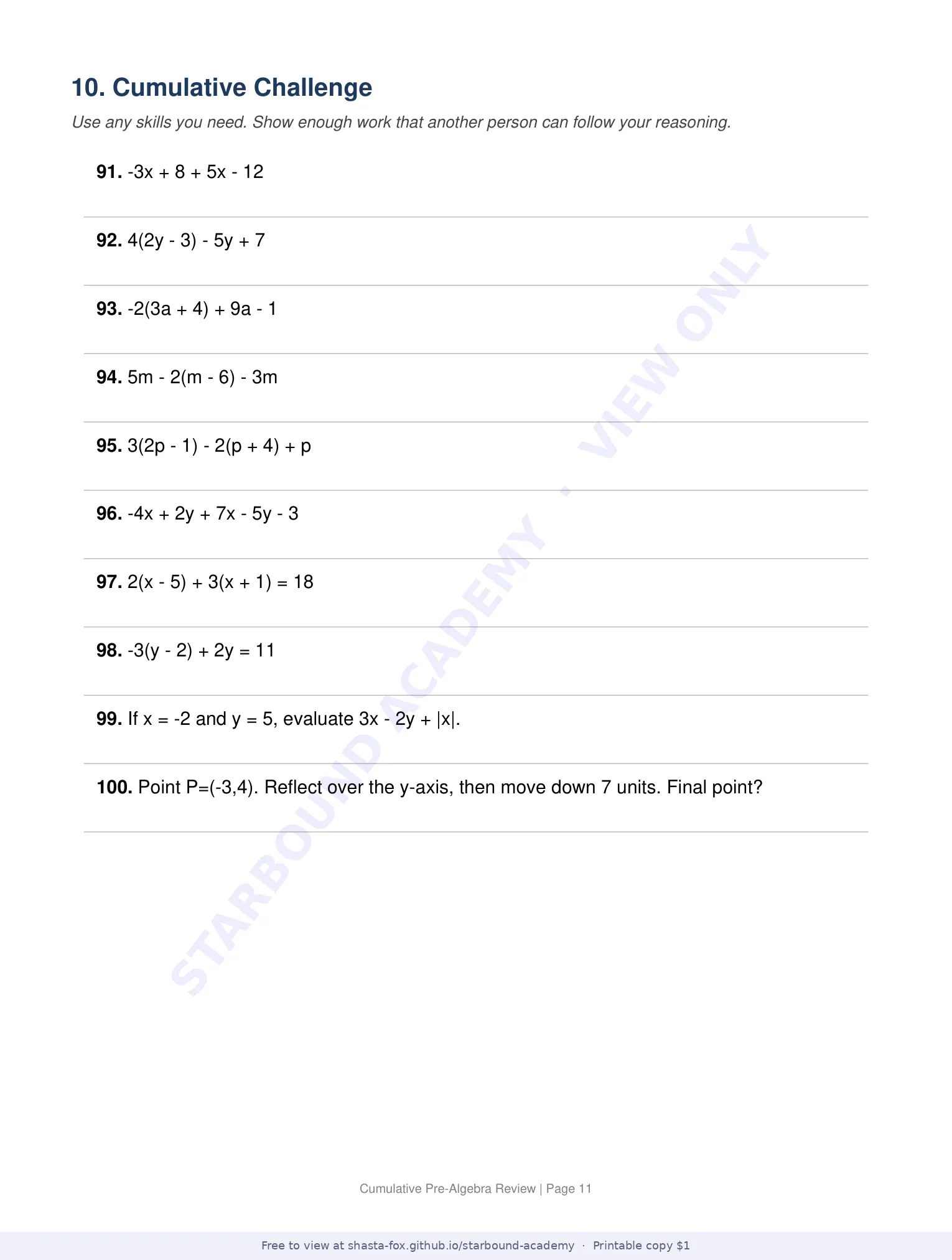 Cumulative Pre-Algebra Review, page 11 of 11