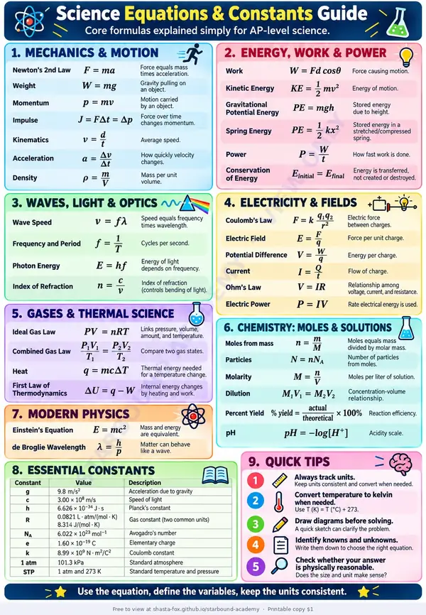 Preview of Science Equations & Constants Guide
